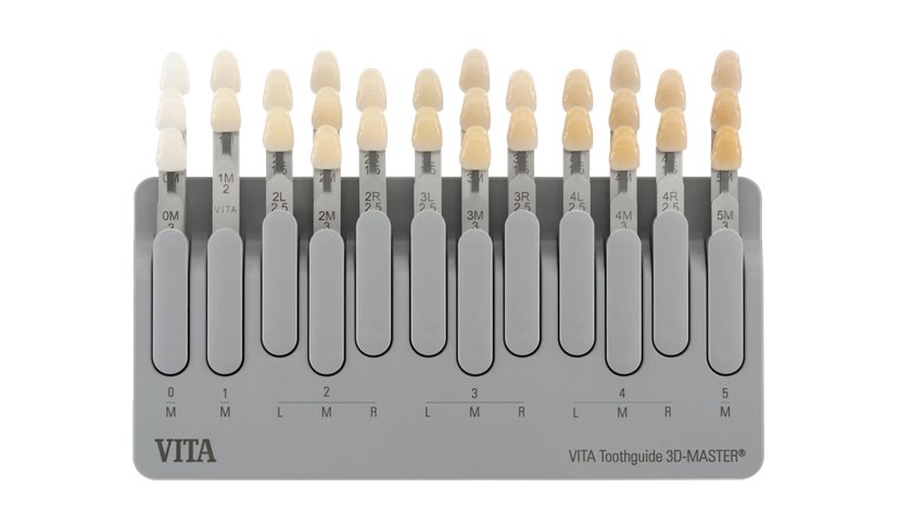 歯の色見本（VITA Toothguide 3D-MASTER）。灰色の台に、明るさと色合いが少しずつ違う 29 本の歯の形の札が並んでいる