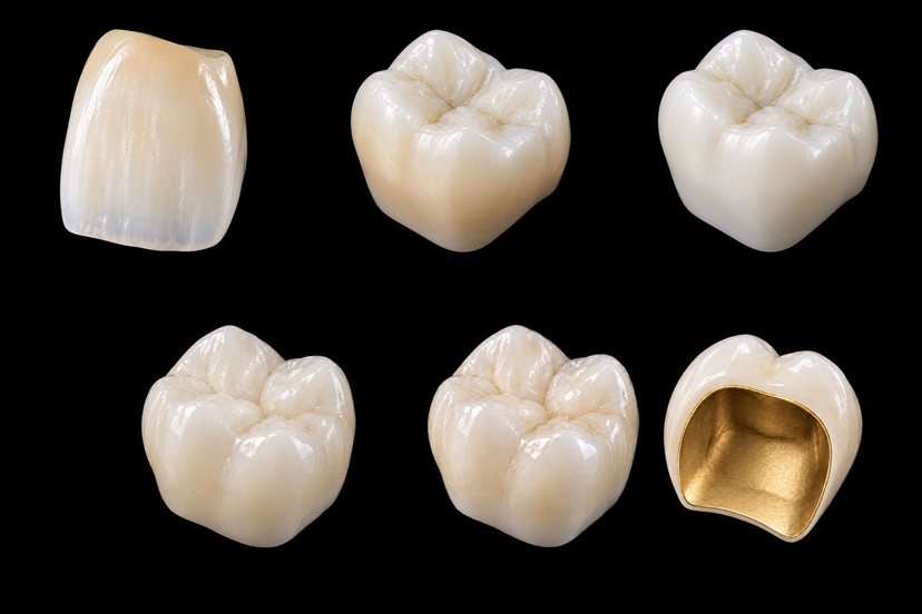 黒い背景に並べた五つの素材のかぶせ物。上の段は左から、前歯のジルコニアセラミック、奥歯のマルチレイヤージルコニア、ジルコニア。下の段は、e.max と、内側に金合金が見えるメタルボンド（CG）