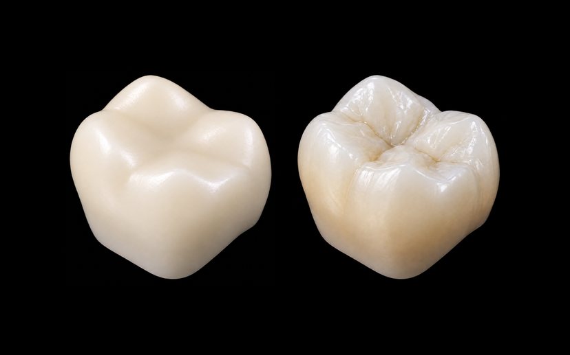黒い背景に並べた二つの奥歯のかぶせ物の CG。左は表面がなめらかで一色の、保険の CAD/CAM 冠。右は歯の根元から噛む面へ色が移り変わる、マルチレイヤージルコニア